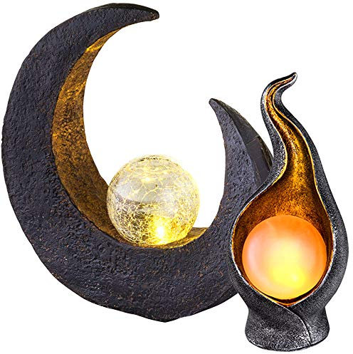 Solarleuchte Mond braun-schwarz Außenleuchte Solar Skulptur Solarlampe Flamme gold silber, Leuchtkugel, LED Leuchtmittel, 2er Set