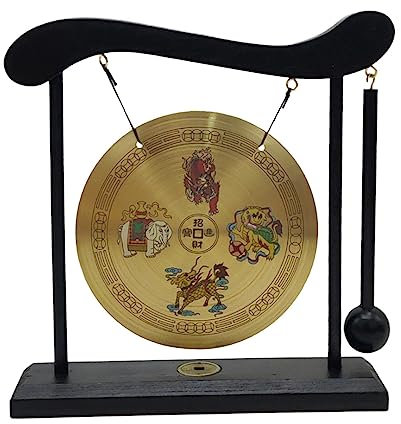 Baoblaze Gong Ornament Mini Chinesischer Gong mit Ständer, Feng Shui Gong Messing Desktop Gong Mini Windspiele Asiatische Gong Glocke für Tischplatte, Stil d