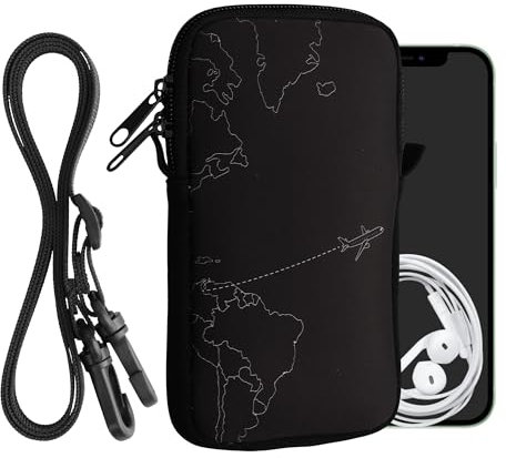 kwmobile Handytasche für Smartphones L - 6,5 - Neopren Handy Hülle Weiß Schwarz - Handy Tasche mit Kette 16,5 x 8,9 cm Innenmaße - Travel Flugzeug