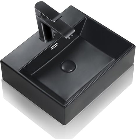 Waschbecken zur Wandmontage oder Aufsatzwaschbecken Schwarz, Waschtisch aus Keramik, Waschplätze mit Hahnloch und Überlaufloch, Hängewaschbecken Gäste WC, 50,5 x 42 x 14 cm, Handwaschbecken Bad