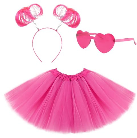 Lainlight Tutu for Girls 3 Layered Tulle Tutu Skirts Set,with Heart Glasses,Ponytail Headband Cosplay Party Supplies(3 Pcs) Pink
