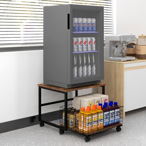 PUNCIA Supporto per Mini Frigo a 2 Livelli con Grande Capacità Carrello Mobile con Ruote Scaffale di Stoccaggio Tavolo Frigorifero Portatile con 4 Ruote Bloccabili Base per Frigo per Casa (Marrone)