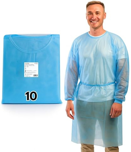 ADEBO Medical® | 10 St. | Blau | Einweg PP+PE Schutzkittel | Optimaler Schutz Einmal Kittel mit Strickbündchen & Klettverschluss – Premium OP Kittel