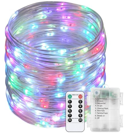 DINOWIN LED Schlauch Lichterkette Batterie Wasserdicht Lichterkette Draht mit Fernbedienung 8 Modi und Timer Lichtschlauch für Innen Außen Zimmer Party Garten (Vielfarbig, 10M 100LED)