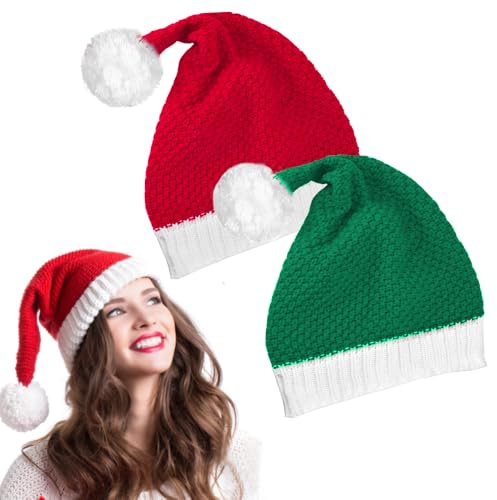 LPAMABA 2Pcs Weihnachtsmütze Gestrickte Nikolausmütze Weihnachtsmannmütze Winterwärmer Santaa Mützen Weihnachtsmann mütze Partyhut Nikolaus Mütze für Festliche Partys im neuen Jahr, Rote & Grün