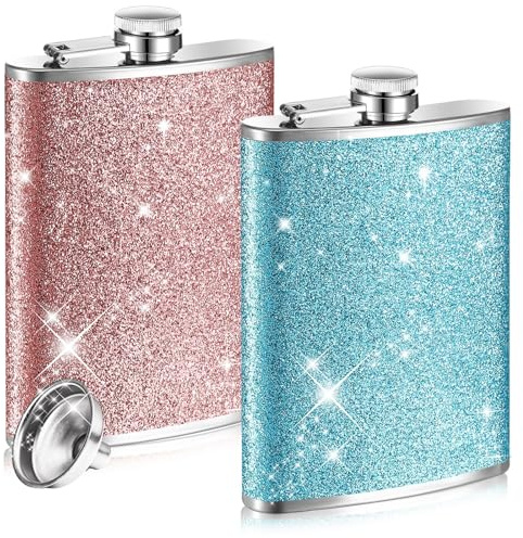 Meanplan 2 Pack 8 oz Glitter Bling Flasks for Liquor for Women Leakproof Stainless Steel Whiskey Pocket Flask with Funnel for Christmas Wedding Alcohol Drink Wine Party Gift