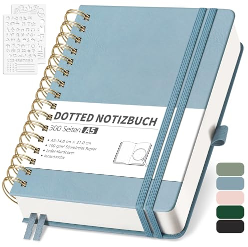 RETTACY Taccuino A5 Dotted, Bullet Dot Journal con carta spessa 100 g/m², 150 fogli, per ufficio e scuola, custodia in pelle, colore grigio-blu, 14,8 cm x 21 cm