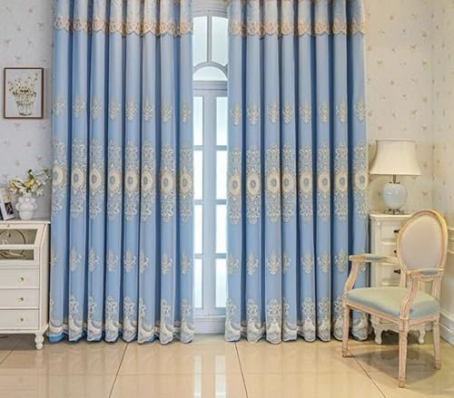 Bishilin Verdunklungsvorhänge Blau 2er Set 137x183CM, Gardinen Blickdicht Haken Doppellagig Stickerei mit Blumen Motiv Vorhänge Verdunkelnd Wohnzimmer Jugendzimmer Kinderzimmer