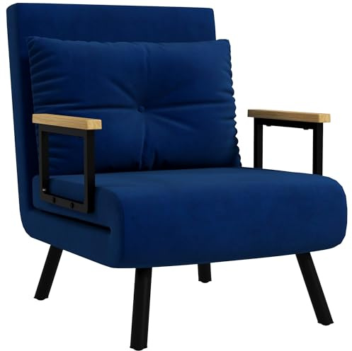 HOMCOM 4 in 1 Poltrona Letto Singolo, Poltrona Pieghevole con Schienale Regolabile in 5 Posizioni, Divano Letto con Cuscino, Seduta Imbottita, in Velluto per Casa e Ufficio, 63x73x81 cm, Blu
