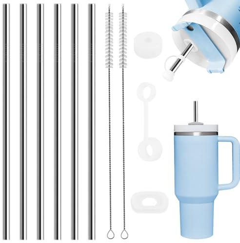 6 Pack Straw for Stanley Cup, Metal Straws Stainless Steel, 31cm | Washable and Reusable, with 2 Cleaning Brushes and 1 Silicone Straw Covers for Fruit Drink Milkshake Cold Drinks Cocktail