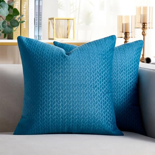 Cheekywares 2er Set Samt Kissenbezüge 50x50 cm Deko Kissenbezug Blau Kissenhülle Sofakissen Bezug mit Weizenähren Textur Modern Luxuriös Herbst Winter für Sofa Schlafzimmer Wohnzimmer Balkon