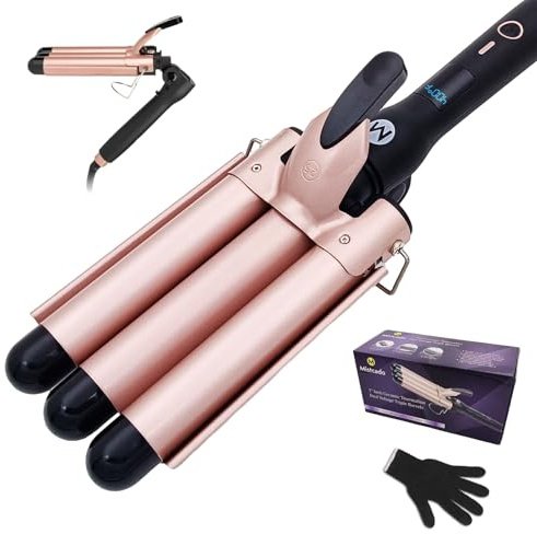 Mistcado 3 Barrel Curling Iron, 1 Inch Ceramic Tourmaline Hair Waver Wand with LCD Temperature Display, Fast Heating Foldable Crimpers for Travel Glove Included (Gold)