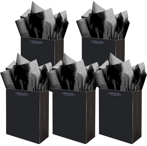 Gcardist Sacs cadeaux noirs avec papier mouchoir pour mariage, anniversaire, fournitures de fête - 20 x 11 x 24 cm - Sacs cadeaux en carton de taille moyenne (8 x 4,3 x 10 pouces, 5 sacs + 15 pièces