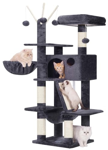 Hey-brother Kratzbaum, stabil, platzsparend, für mehrere Katzen, MPJ019-SG | 135 cm Indoor Katzenbaum, Mit gepolsterter Plattform Bett, Spielzeug Ball, Höhlen, Hängematte und Sisal Kratzbaum, Rauchgrau