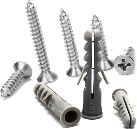 Tiruiya 200 STK Schrauben Dübel Set, Inklusive 100 Edelstahl Schrauben, 100 Betondübel zur Befestigung in Porenbeton, Ziegeln, Stein UVM., Nageldübel zur Wand in Montage von Regalen Schränken