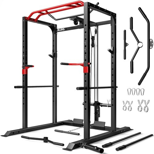 JELENS Power Cage, Power Rack multifunzione S11 da 907,2 kg con LAT Pulldown, rack per squat con sistema di puleggia regolabile e altri accessori per allenamento, macchina per allenamento con pesi per