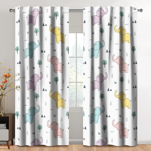 Kzzfqxb Kinder vorhänge 117x183cm 2 Paneele Elefantenbabys kleine Bäume Gräser Fensterdekoration für Kinder Mädchen Jungen Schlafzimmer Kinderzimmer Wohnzimmer