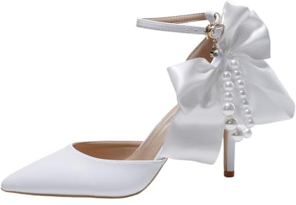 Chaussures de mariée élégantes Blanches Escarpins en Dentelle avec Ruban de Perles et nœud en Satin, Sangle de Cheville, Talon Aiguille