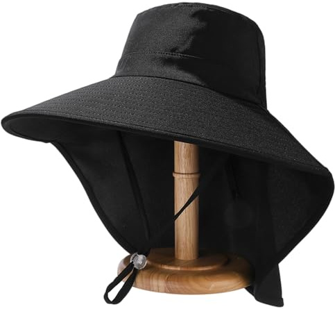 Huakunda Damer solhatt utomhus brett brätte safari-hatt med nackskydd fiskarhatt vikbar trädgårdshatt för resor vandring, svart, one size