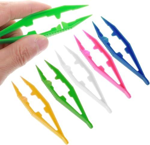 5PCS Plastic Tweezers Set - Reptile Feeding Tongs - Multi-Purpose Craft Tool - Lightweight & Durable Tweezer Set for Kids and Adults (White, Green, Yellow, Blue, Rose Red)