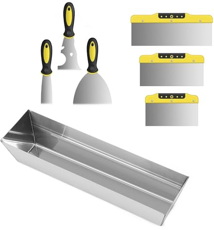 Wallpaper Scraper Set, 7 Pcs Stainless Steel Drywall Hand Tool Kit, Includes Taping Knife, Putty Knife and 12 Mud Pan with Ergonomic Handles, Spackle Tool Kit for Drywall Work