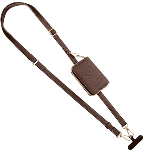 TiMOVO Clip & Go Strap Phone Lanyard, Cell Phone Tether with Leather Wallet Pouch, Universal Crossbody Lanyard Adjustable Neck Strap Compatible with Most Smartphones, Dark Brown