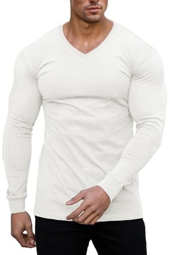 Muscle Cmdr Slim Fit V-ringad långärmad muskel-termo-t-shirt vardaglig räfflad tröja, lätt tröja, undertröjor, Vit, XXL