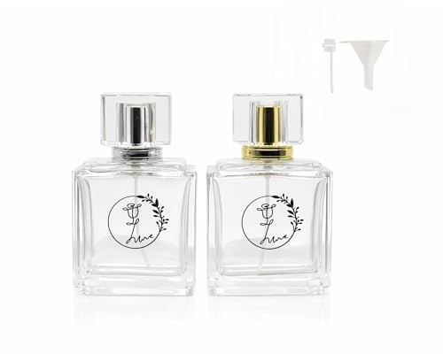 FormeyOneou 50ml/1.7oz Flower Refillable Spray Perfume Bottle，2 Pack Empty Glass Spray Bottle,Portable Fragrance Fine Mist Dispenser for Travel，Clear Glass Spray Bottles With Gold+Silver Caps