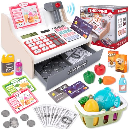 JONRRYIN Cassa Giocattolo in Legno per Bambini, Registratore di Cassa Giocattolo con Scanner e Suoni, Vera Calcolatrice, Soldi Finti, Carrello e Cibo, Cassa Supermercato per 3 4 5 6 Anni (Bianco)