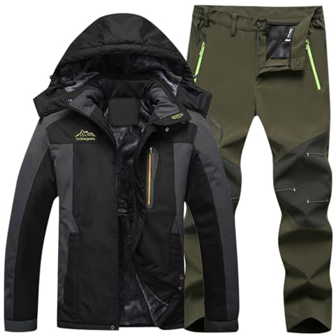 EQWIGKEIT Skianzug Herren 2 Teilig Set Mit Kapuze Skijacke Und Hose Outdoor Thermoanzug Winddicht Schneeanzug Sport Winter Skibekleidung Warm Thermo Anzug Winteranzug