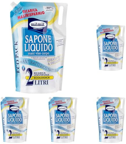 Milmil Sapone Liquido Neutro, Ricarica Universale Maxirisparmio, Dermatologicamente Testato con Antibatterico Naturale - 2000 ML (Confezione da 5)