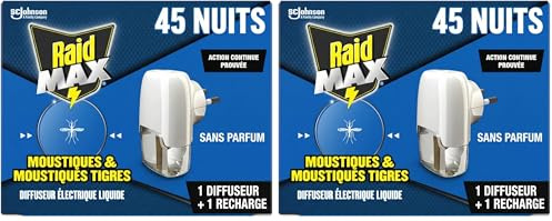 Raid Max Diffuseur Electrique Liquide - Moustiques et Moustiques Tigres 45 Nuits - 1 Diffuseur et 1 Recharge - Sans Parfum (Lot de 2)