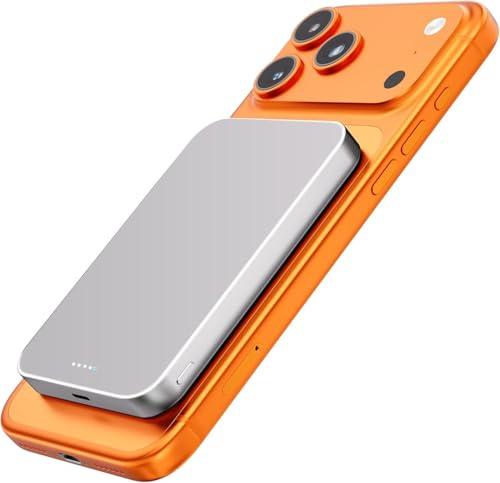 Kstime Magnetische Powerbank, 10000 mAh, 14 mm, ultradünnes Titan-Design, PD20W, kabelloses tragbares Ladegerät mit USB-C-Eingang und Ausgang, kompatibel mit iPhone 17/16/15/14/13/12 Serie (Silber)