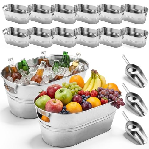 Zonon 12 Pack 3.3 Gallon Galvanized Tubs Metal Champagne Drink Ice Bucket Large Champagne Drink Bucket for Beer Cocktails Wine Beverage Home Parties Bar Cooling Supplies with Ice Scoop