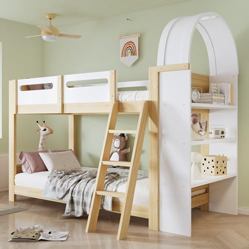 Gxffipw Etagenbett Kinderbett 90x200 cm mit Dreistufiges Regal und Rausfallschutz, Hochbett Hausbett mit Halbkuppel und Leiter, Stockbett Holzbett Bettgestell mit Lattenrost, Weiß+Natur, Ohne Matratze