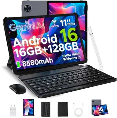 DOOGEE U11 Android 16 Tablet 11 Pollici, 16GB+128GB/2TB TF Tablet con Tastiera, 90Hz, 8580mAh, 7.9mm Thin, Unisoc T7200 Octa Core/13MP/Widevine L1/Face ID, Tablets con Penna & Mouse & Case - Grigio