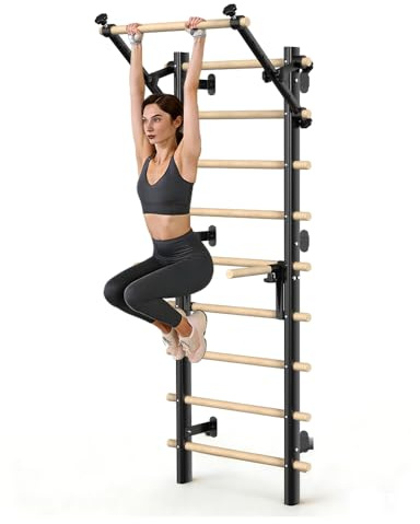Ceepxeen Sprossenwand Holz & Stahl für Zuhause inkl. Klimmzugstange, Dip-Station & Suspension Trainer – Turnwand für Erwachsene & Kinder, 150kg – Schwedische Leiter für Home Gym & Calisthenics