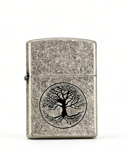 Life Tree Engraved Vintage Wheel Lighter Windproof Reusable Soft Flame Kerosene Lighter for Men Father Boyfriend (Silver)