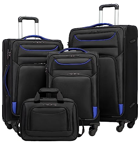 Coolife Luggage 4 Piece Set Suitcase TSA Lock Spinner Softshell lightweight(black+blue)