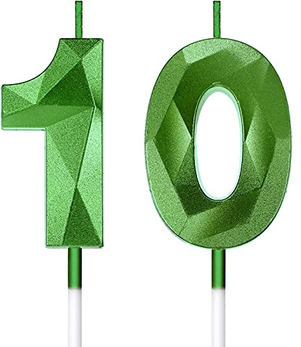Nuanchu 10. Geburtstag Kerzen Kuchen Ziffern Kuchen Kerzen Topper Dekoration 3D Anzahl Cupcake Topper für Geburtstag Hochzeitstag Feier Lieferungen(Grün) | Tortenaufsatz Happy Birthday, Dekoration für Hochzeitstag, Feier, Metallic-Finish mit Stab
