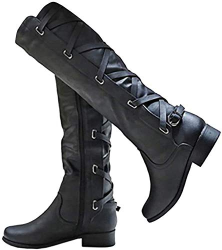 Coutgo Womens Lace Up Knee High Boots Motorcycle Riding Flat Low Heels Strappy Winter Combat Boots