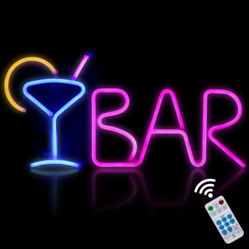 iKefe Neon LED Signs Letter Light Up Beer with Remote/Blue Cocktail Glass Pink LED, USB & Battery Operated Bar Light for Home, Business, Bistro, Valentines Day Wall Art Decoration