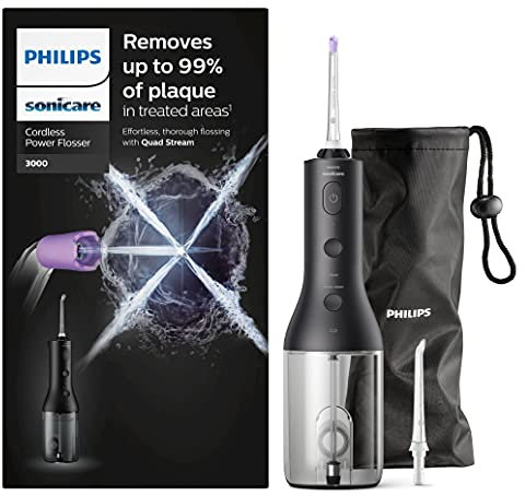PHILIPS Sonicare Cordless Power Flosser 3000 Oral Irrigator with Quad Stream Technology and Pulse Waves, HX3806/33-2022 Version, Black