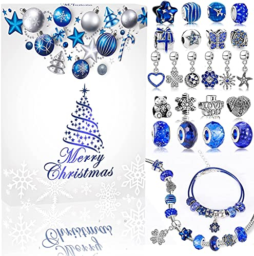 MJARTORIA Blauer Schmuck Adventskalender für Mädchen-Blauer 2025 Schmuck Weihnachts-Countdown-Inklusive Blaue Schneeflocke Metallanhänger Perlen DIY Herstellungsset Schmuckgeschenke
