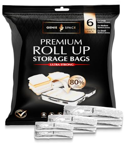 GENIE SPACE Premium Aufrollbare Vakuumbeutel für Kleidung & Reisen – Variety 6er Pack (2L + 2M + 2S), Luftdicht, Wasserdicht & Wiederverwendbar – Ohne Pumpe, Ideal für Zuhause & Unterwegs