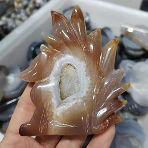 Handskuren sten räv naturlig agat geode nio-tailed räv staty feng shui deocration