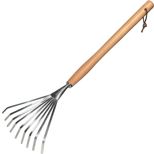 GREBSTK Hand Rakes Stainless Steel Beech Handle Soil Tille Garden Shrub Rake Leaf Rakes, 24.5 inch