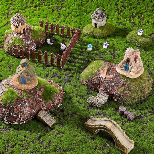 GORGECRAFT 24PCS Fairy Garden Accessories Outdoor Supplies Miniature Garden Decor Succulent Micro Landscovere Dollhouse Ornaments Including Stone House Bridge Stairs Wood Stumps Fences Sheeps