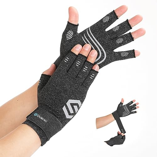 Duerer Arthritis Compression Gloves with Straps, Women Men for RSI, Carpal Tunnel, Rheumatoid, Tendonitis, Hand Pain, Hand Support. Fingerless Gloves for Computer Typing and Daily work (Grey, S)
