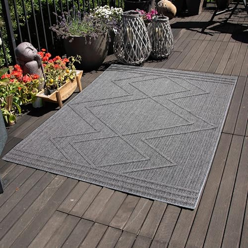 Carpettex Outdoor Teppich Wetterfest 160x230 cm Sisaloptik Grau - Ideal für Balkon, Garten, Terrasse, Camping und als Küchenteppich - Waschbarer Teppich, Boho Design, Flachgewebe
